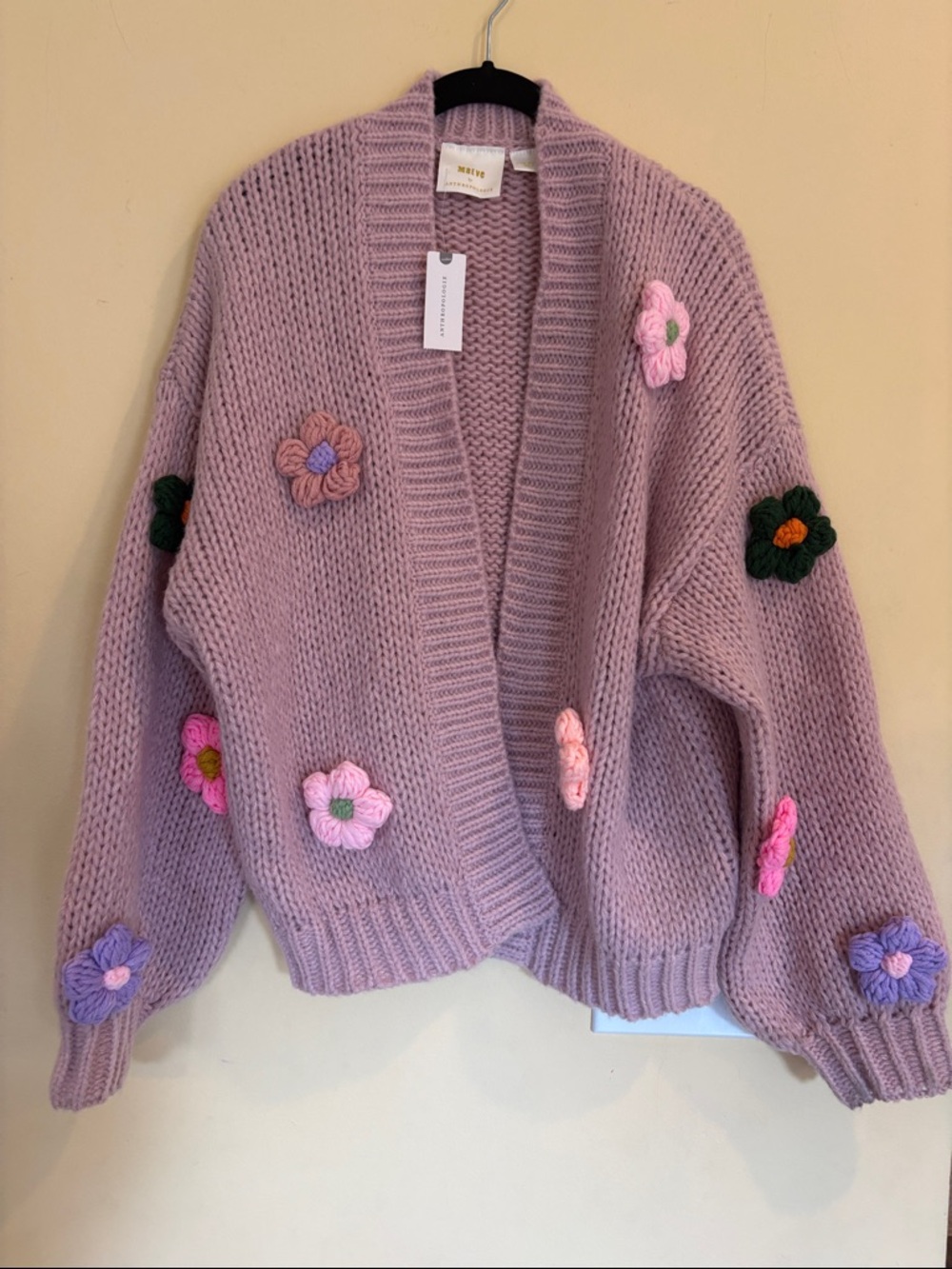 Anthropologie  Floral Appliqué Chunky Knit Cardigan Sweater